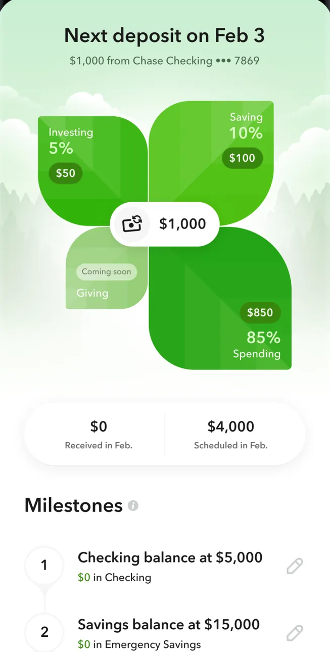 Acorns next deposit split with milestones