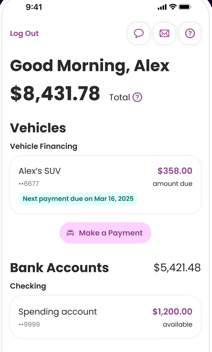 Ally home screen with total balance, vehicle and bank accounts