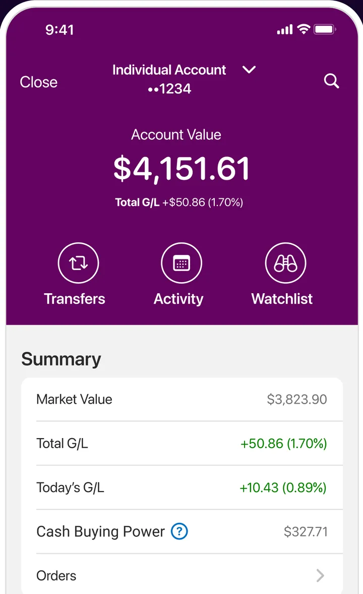 Ally Invest account screen
