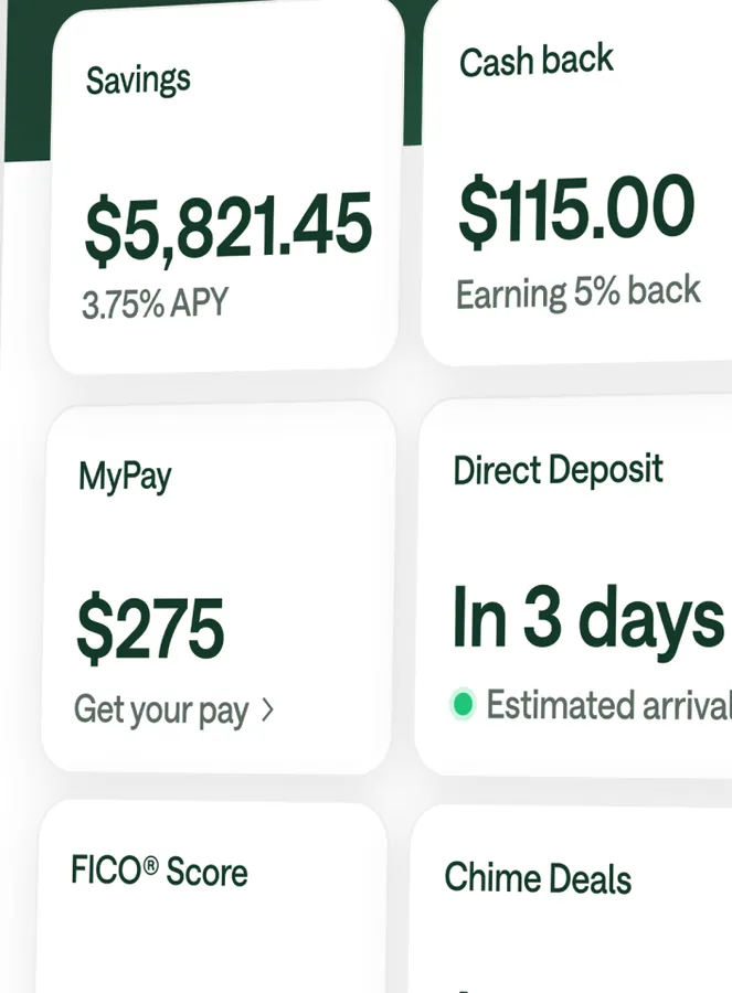 Chime savings, cash back, MyPay and direct deposit tiles