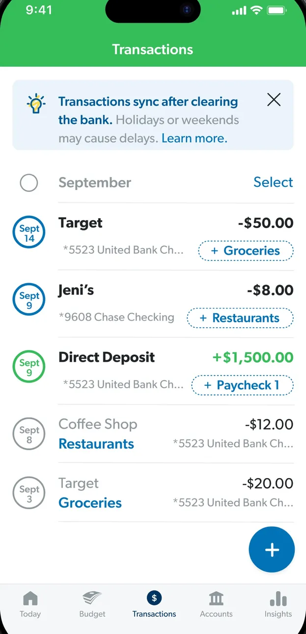 EveryDollar Transactions screen
