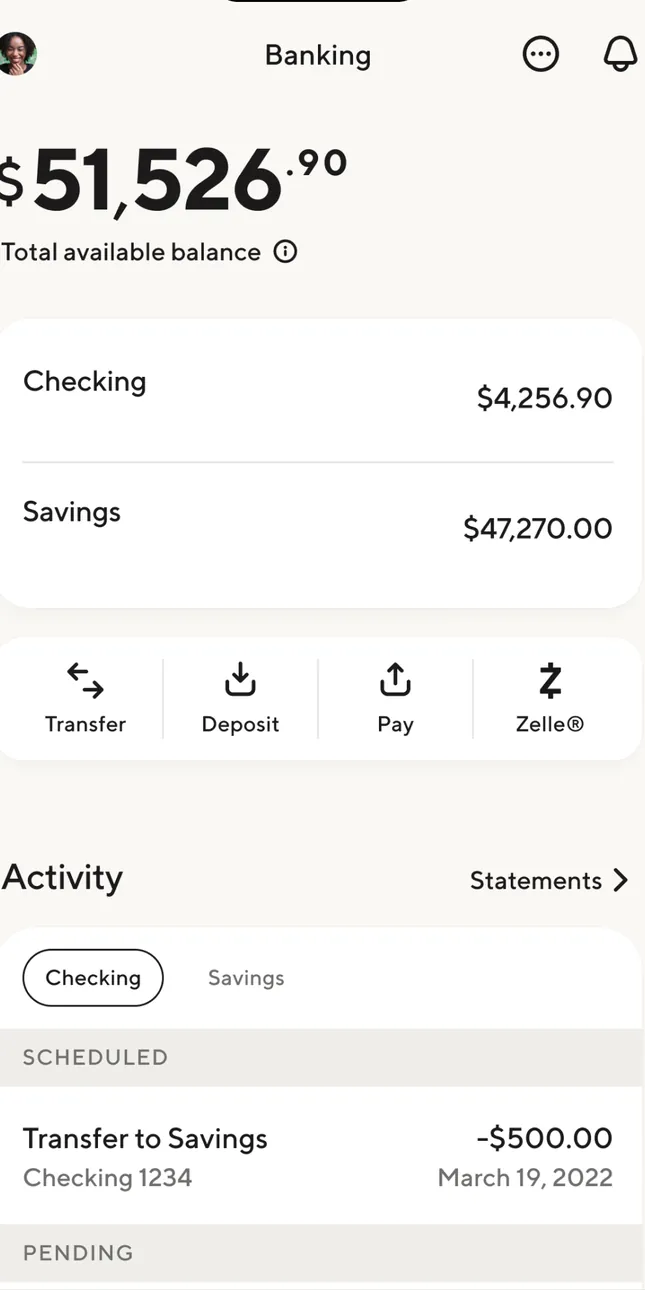 SoFi Banking tab with balances