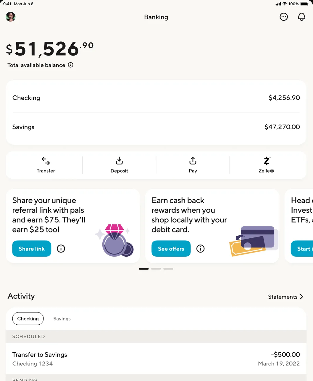 SoFi Banking tab on iPad