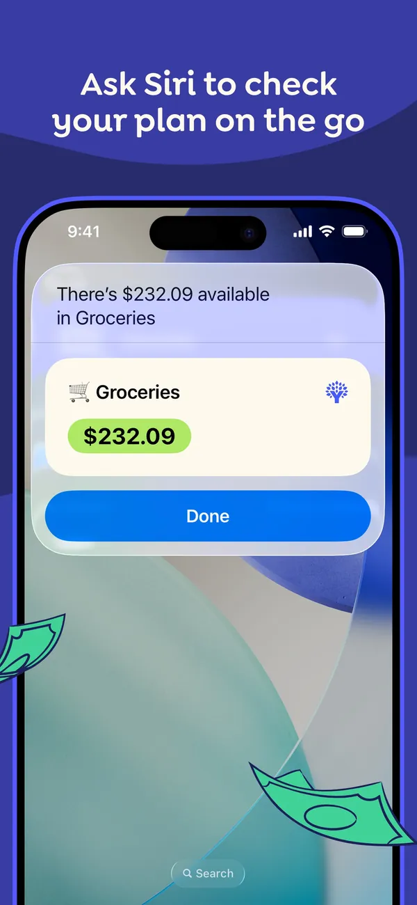 YNAB App Store image of a Siri result card for Groceries