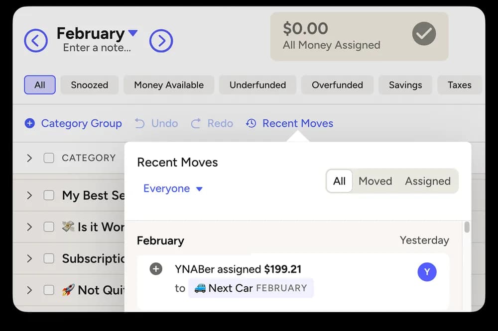 YNAB Recent Moves panel showing who moved money