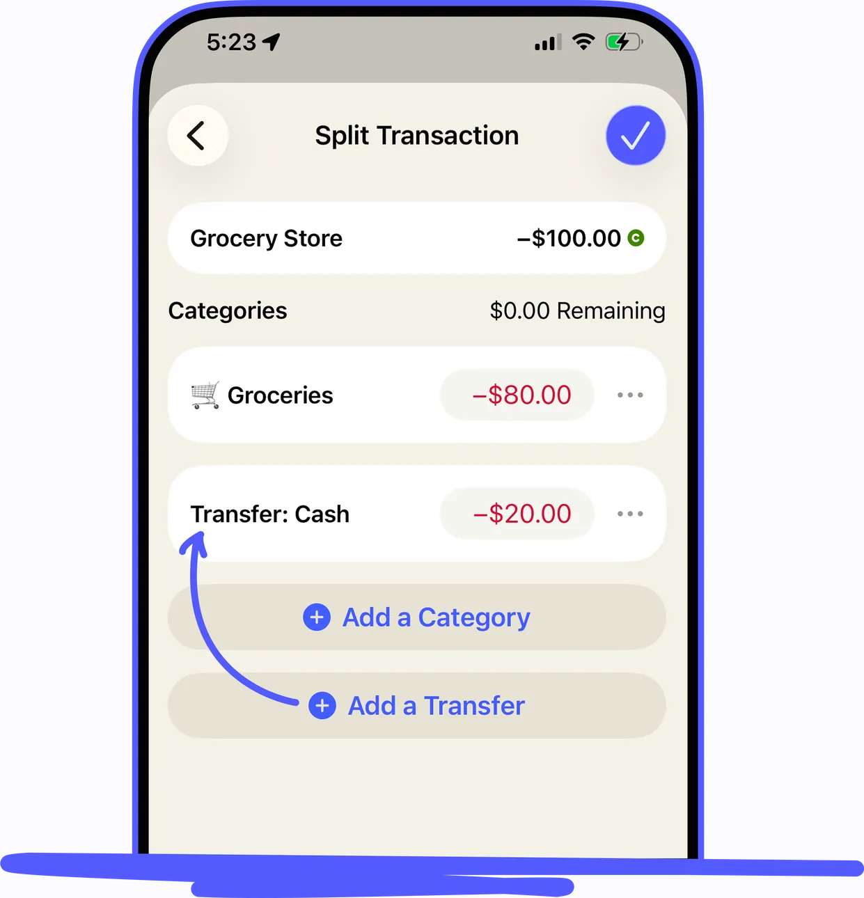 YNAB Split Transaction screen on iPhone