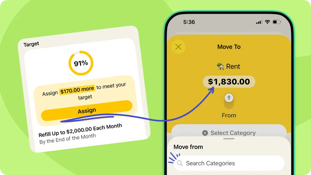 YNAB target card and Move To sheet