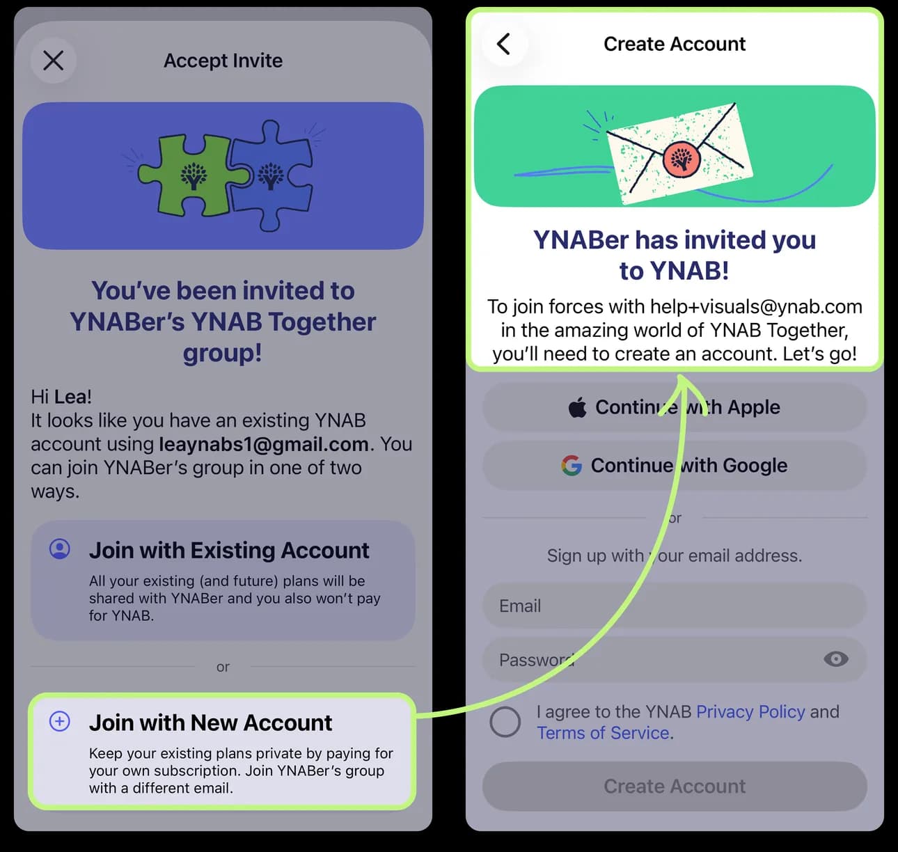 YNAB invite and Create Account screens for YNAB Together
