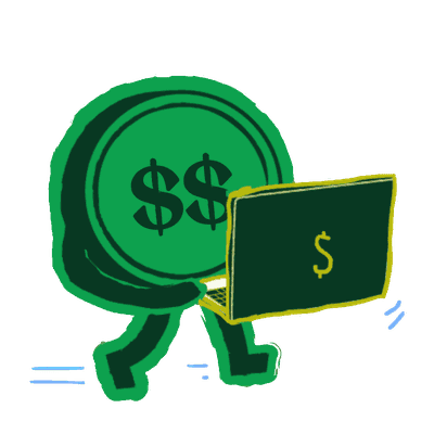Strategist Money Type coin character with a laptop