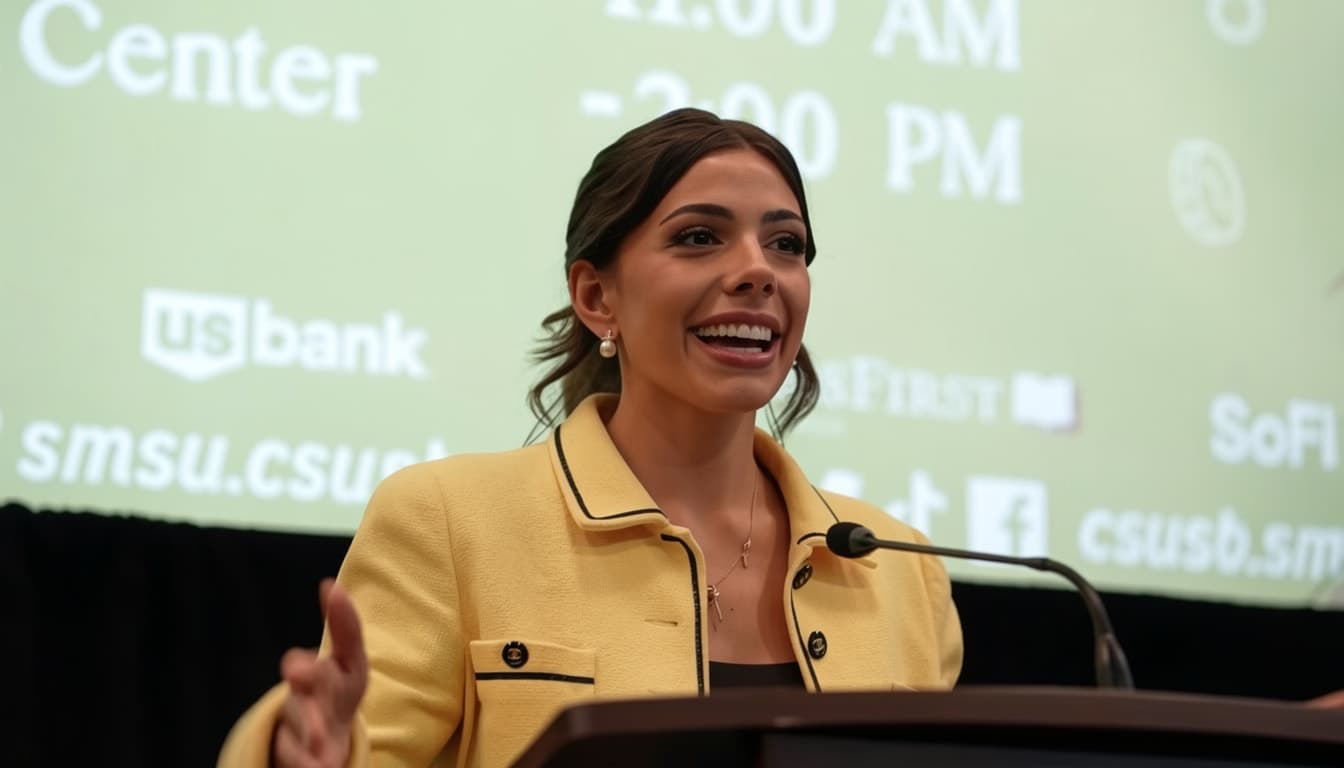 Close-up of Taylor Price speaking at the podium at California State University, San Bernardino, with the Financial Literacy Summit screen behind her.