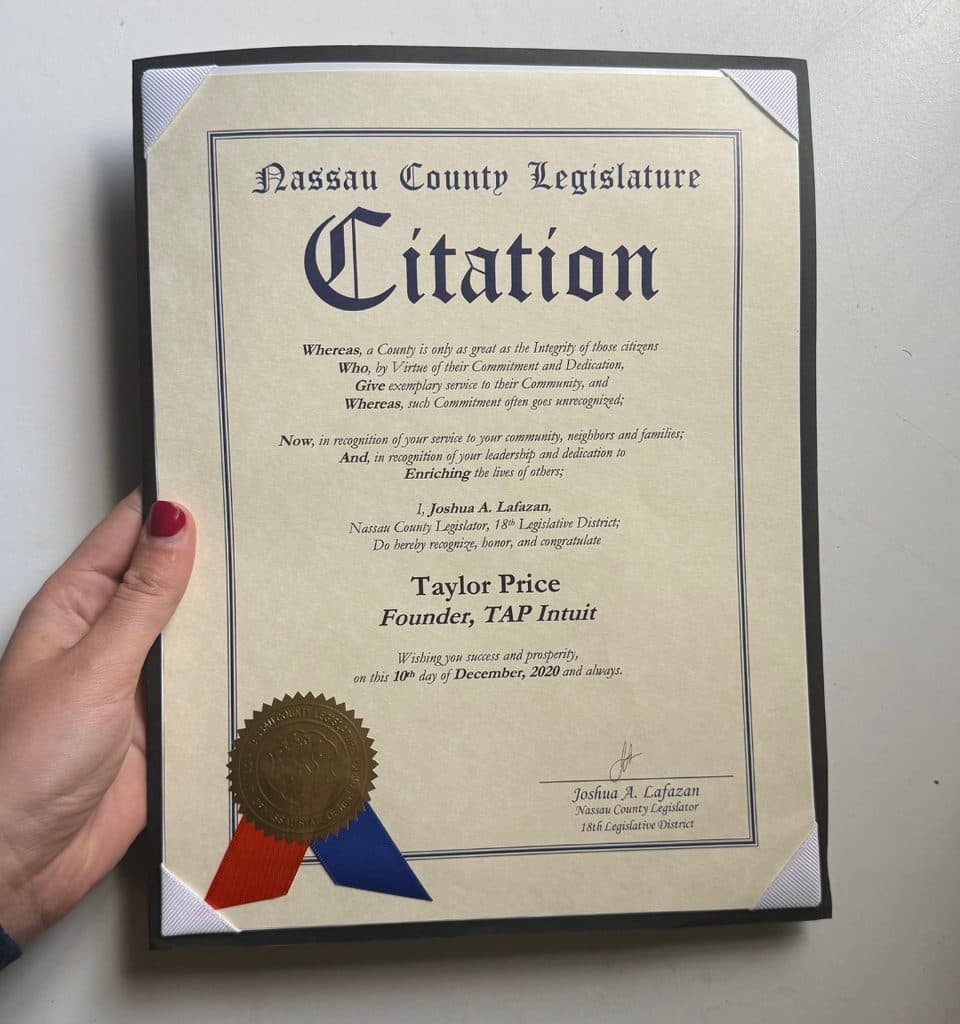 Nassau County Legislature citation honoring Taylor Price