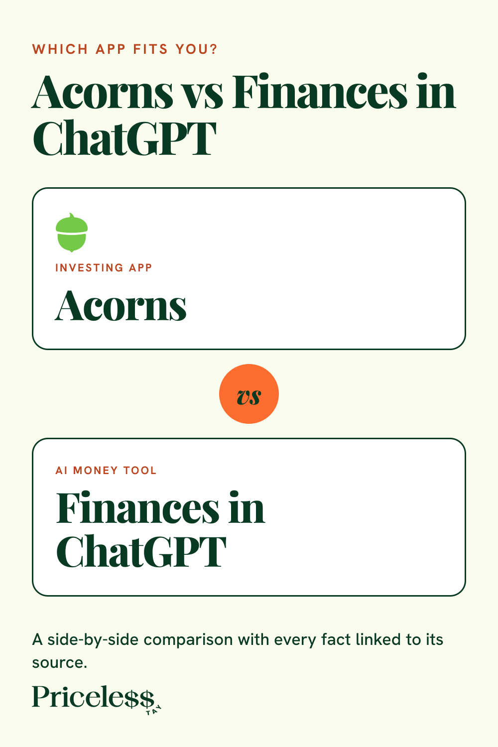 Pinterest pin for Acorns vs Finances in ChatGPT, a side-by-side app comparison from Priceless Tay.