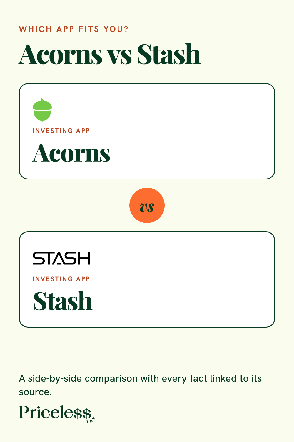 Pinterest pin for Acorns vs Stash, a side-by-side app comparison from Priceless Tay.