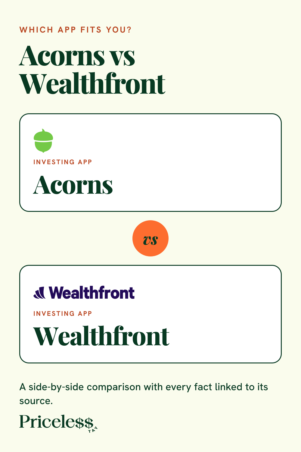 Pinterest pin for Acorns vs Wealthfront, a side-by-side app comparison from Priceless Tay.