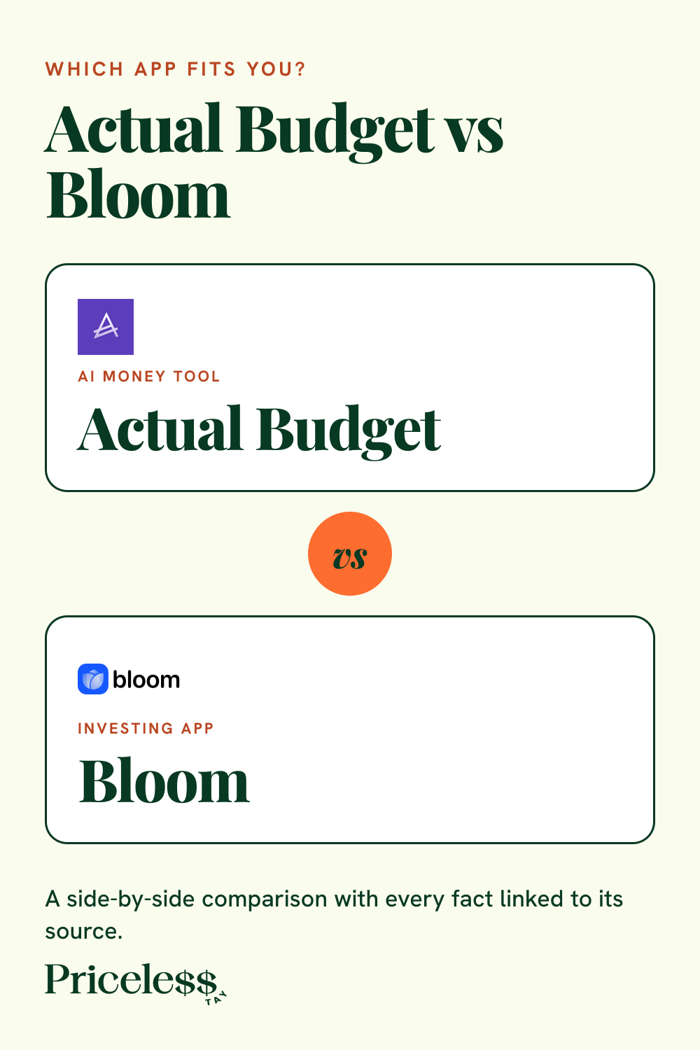 Pinterest pin for Actual Budget vs Bloom, a side-by-side app comparison from Priceless Tay.