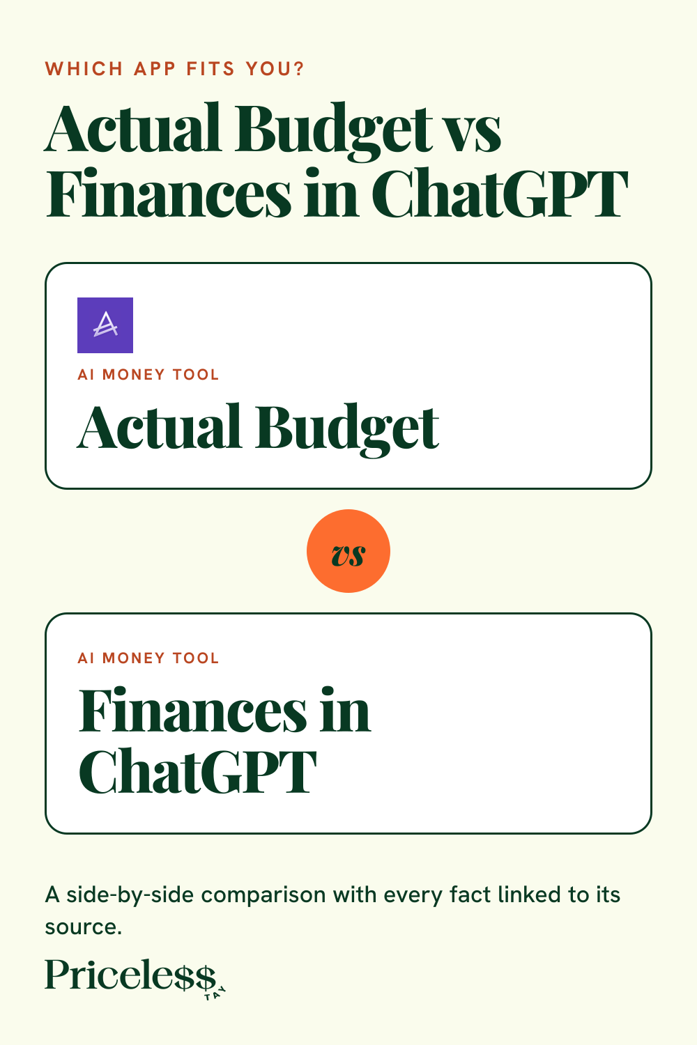 Pinterest pin for Actual Budget vs Finances in ChatGPT, a side-by-side app comparison from Priceless Tay.