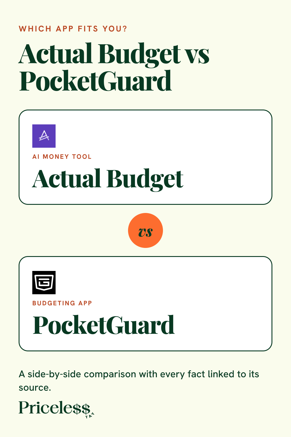 Pinterest pin for Actual Budget vs PocketGuard, a side-by-side app comparison from Priceless Tay.