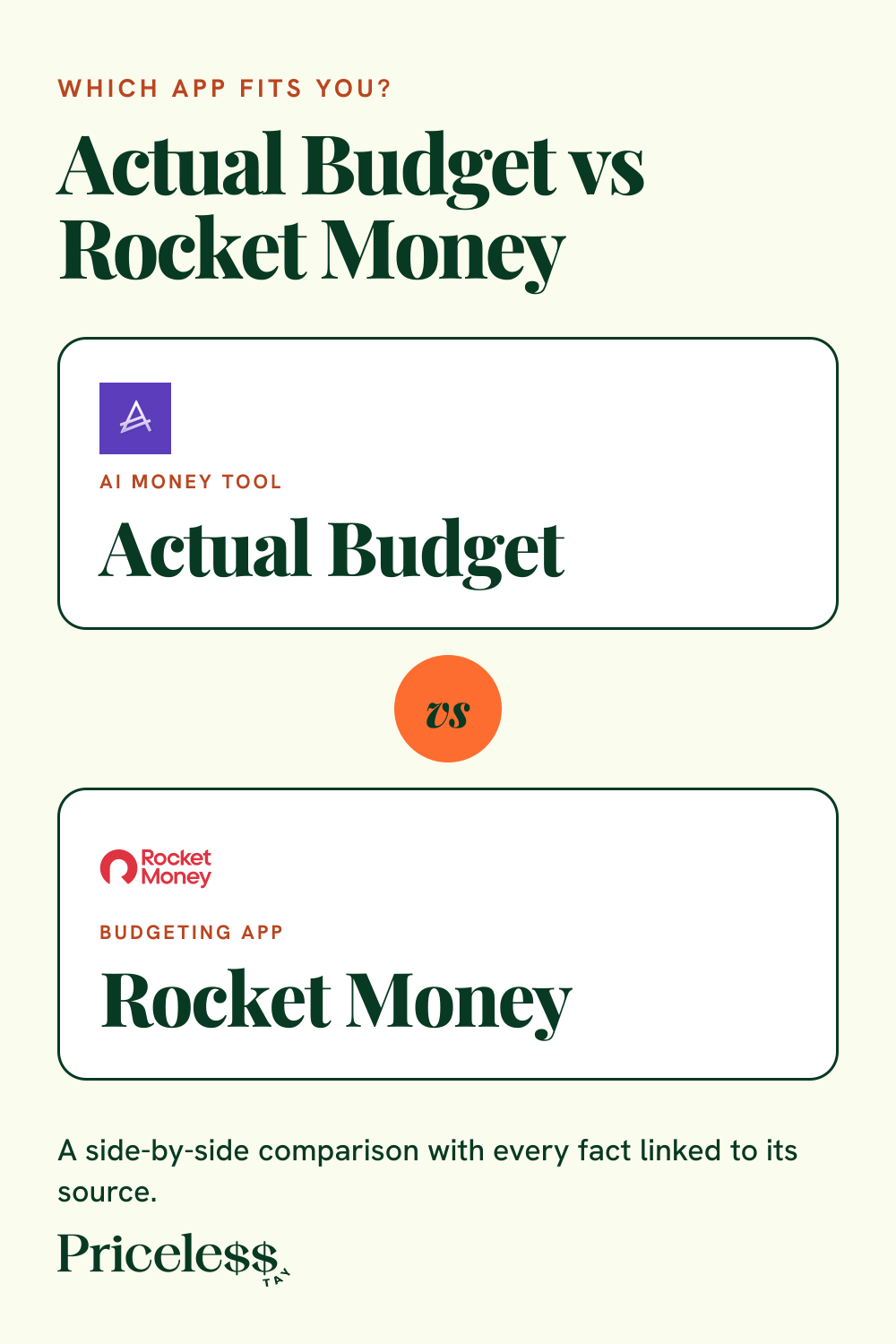 Pinterest pin for Actual Budget vs Rocket Money, a side-by-side app comparison from Priceless Tay.