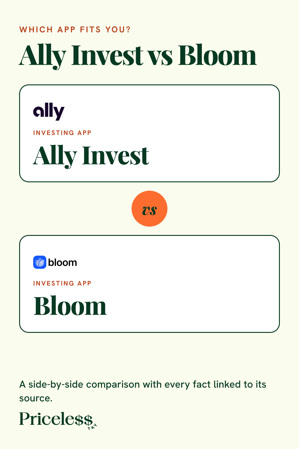 Pinterest pin for Ally Invest vs Bloom, a side-by-side app comparison from Priceless Tay.