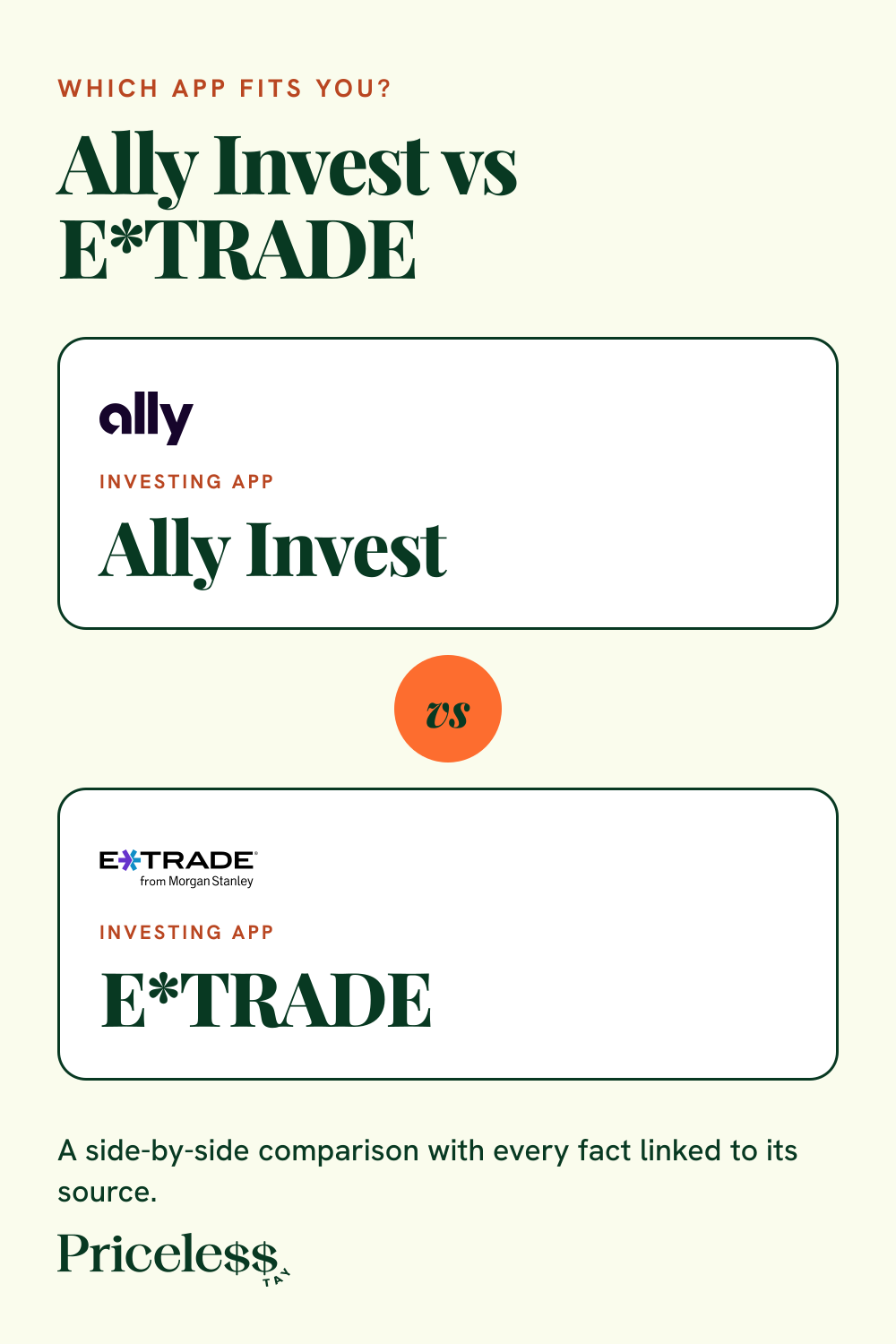 Pinterest pin for Ally Invest vs E*TRADE, a side-by-side app comparison from Priceless Tay.