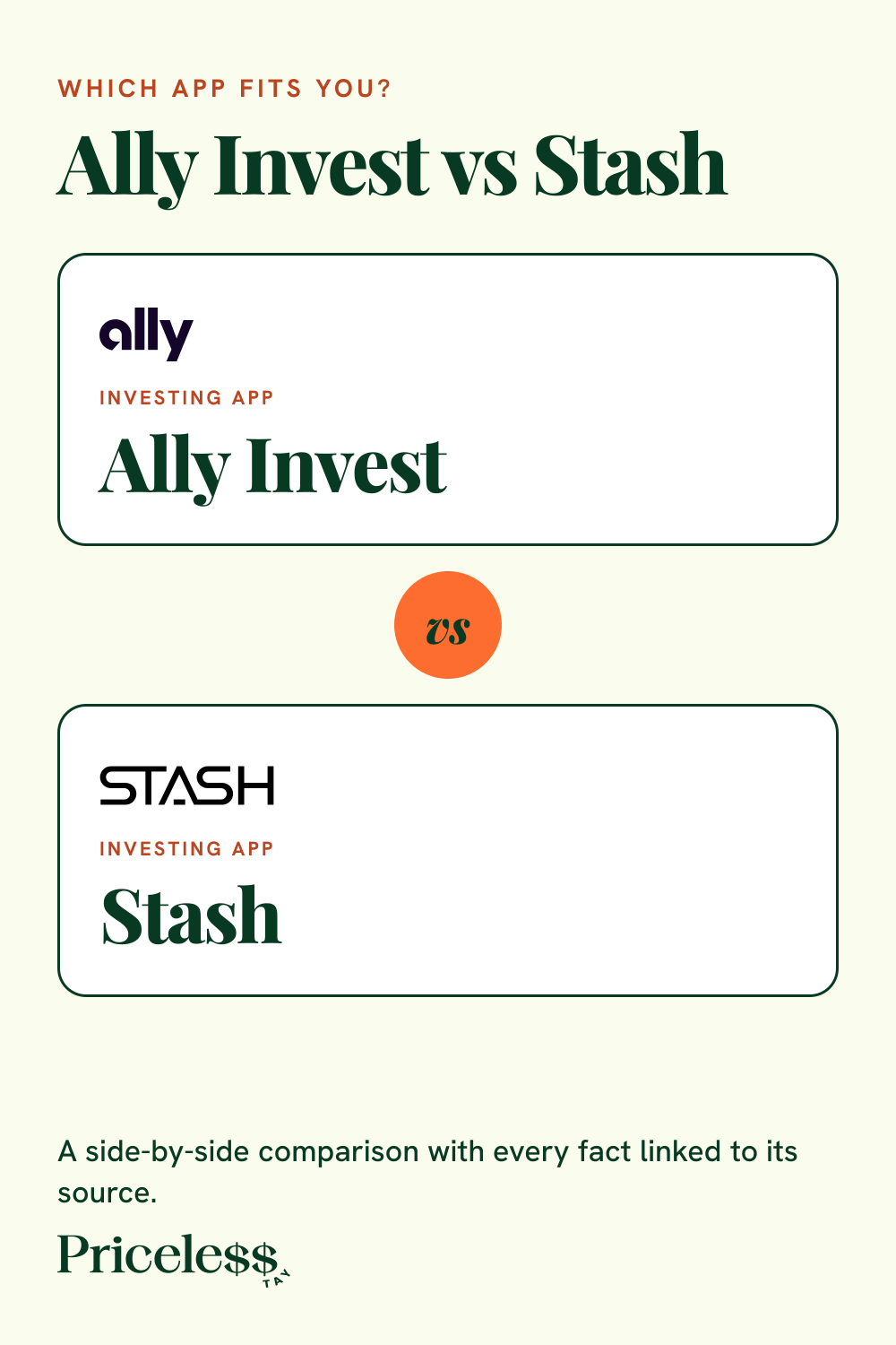 Pinterest pin for Ally Invest vs Stash, a side-by-side app comparison from Priceless Tay.