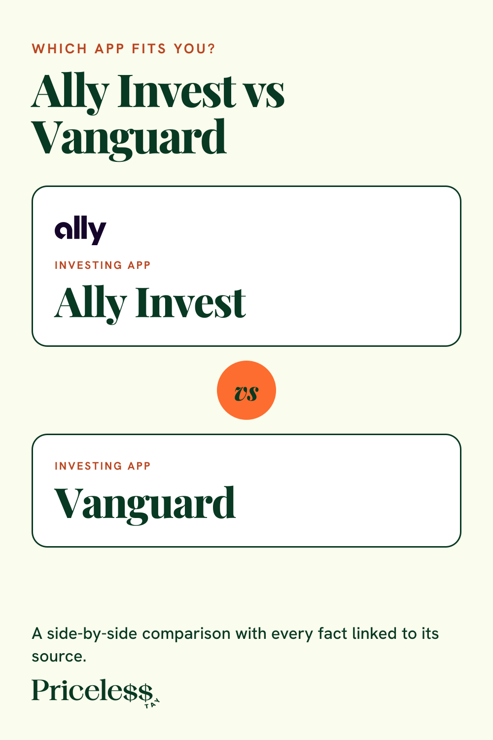 Pinterest pin for Ally Invest vs Vanguard, a side-by-side app comparison from Priceless Tay.