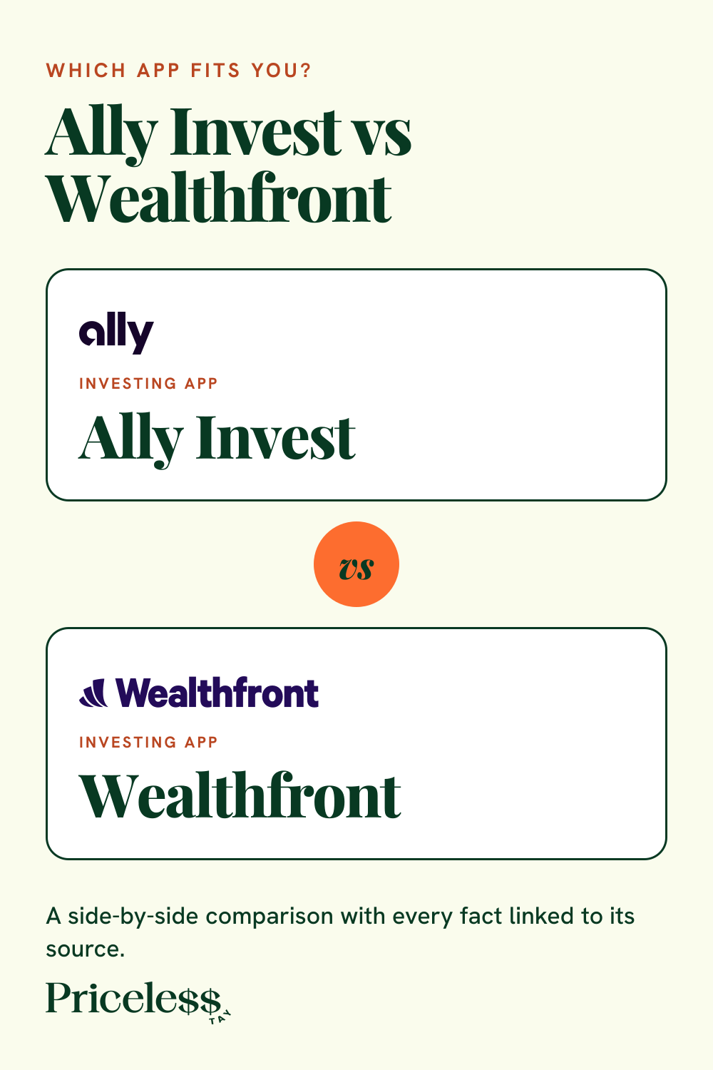 Pinterest pin for Ally Invest vs Wealthfront, a side-by-side app comparison from Priceless Tay.