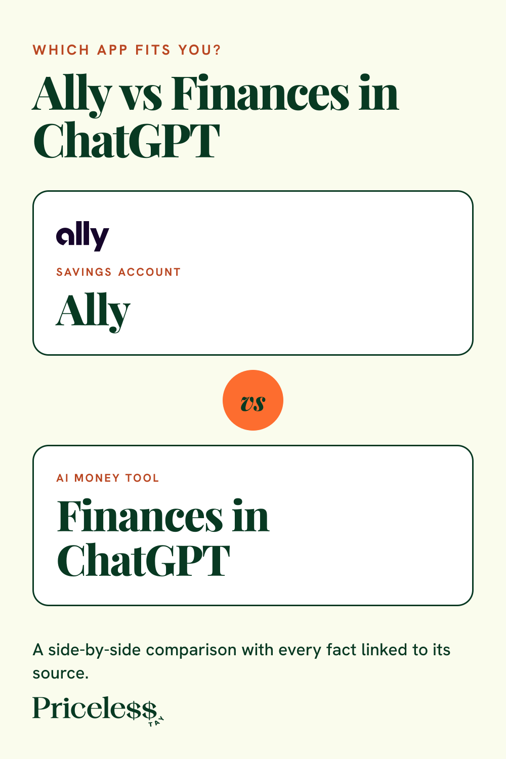 Pinterest pin for Ally vs Finances in ChatGPT, a side-by-side app comparison from Priceless Tay.