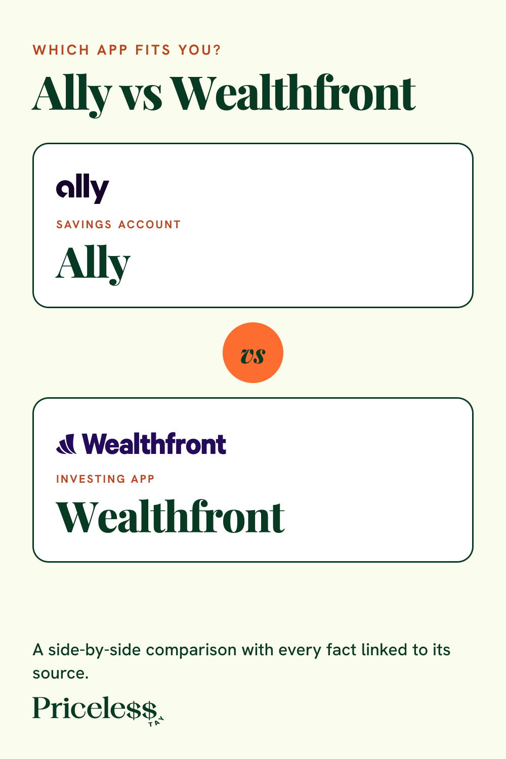 Pinterest pin for Ally vs Wealthfront, a side-by-side app comparison from Priceless Tay.