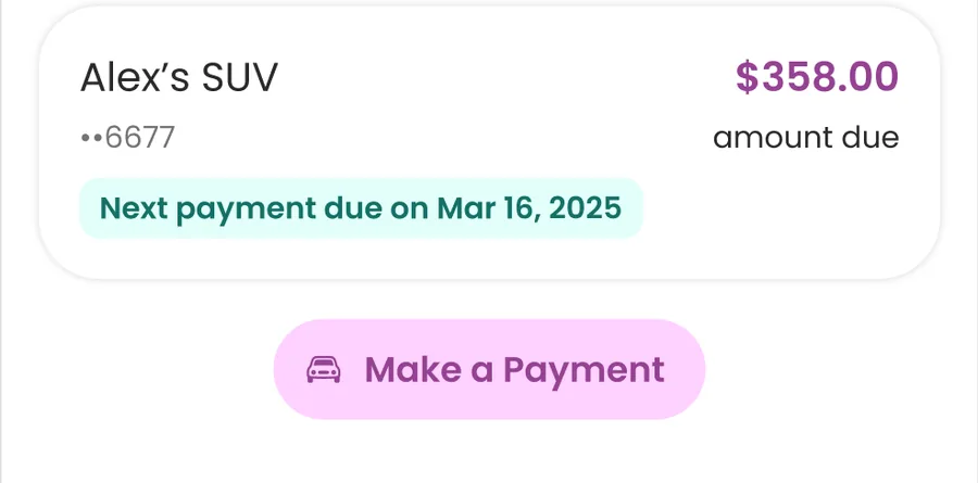 Vehicle loan card with $358.00 due