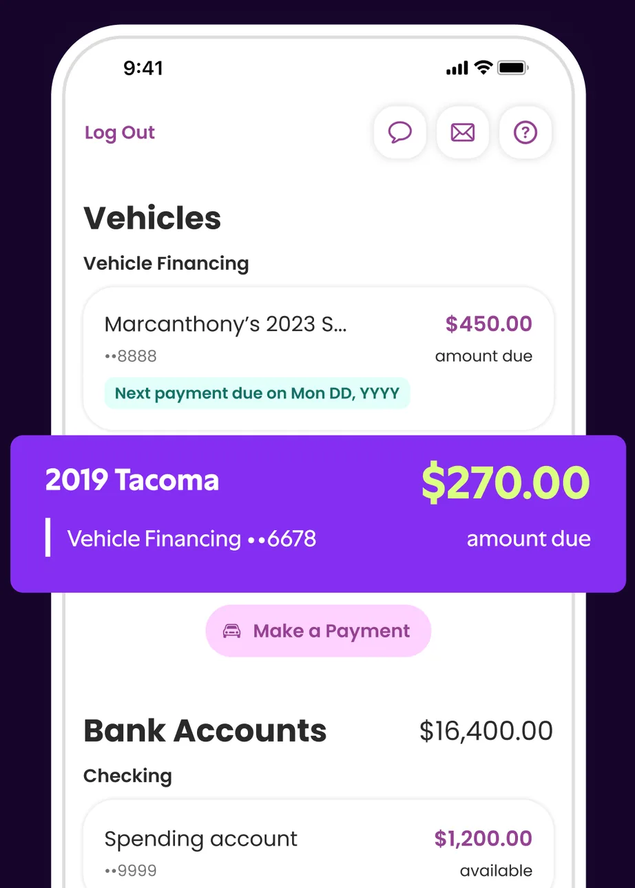 Ally vehicle loan payment card on home screen