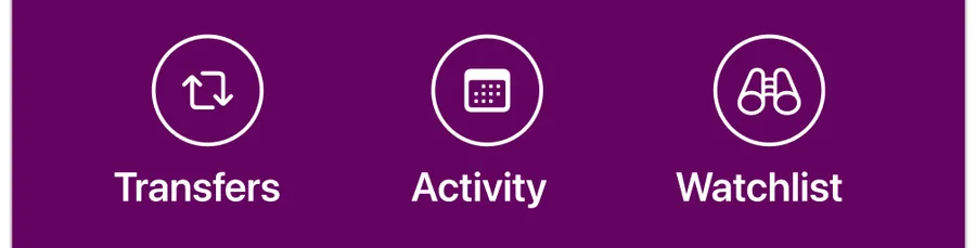 Transfers, Activity and Watchlist buttons
