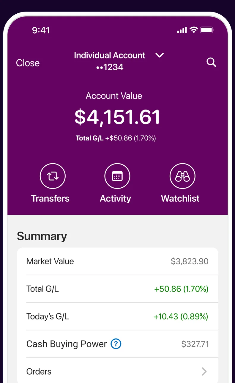Ally Invest account value screen