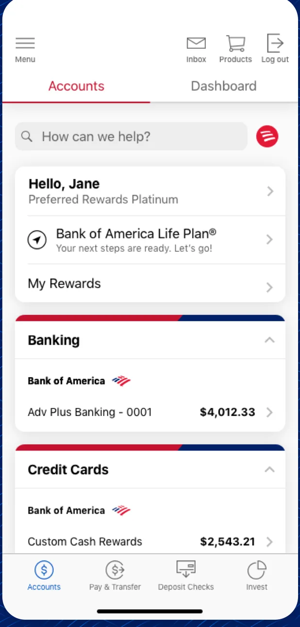 Bank of America app accounts overview