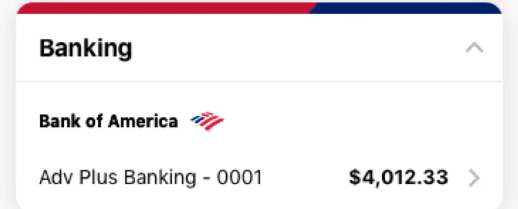 Banking card showing $4,012.33 balance