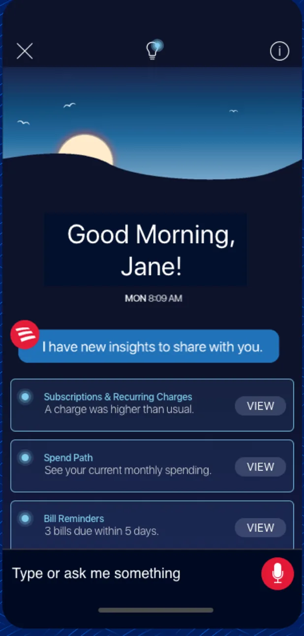 Erica virtual assistant home screen with insight cards