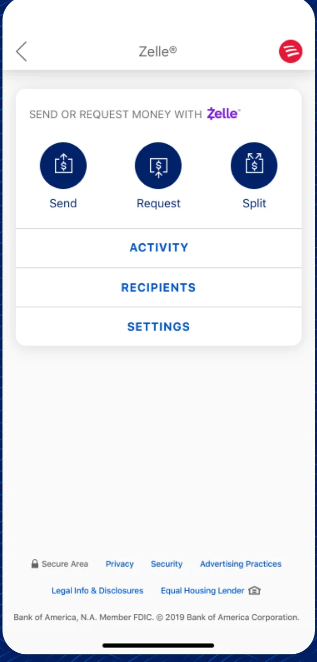 Bank of America Zelle screen with Send, Request and Split