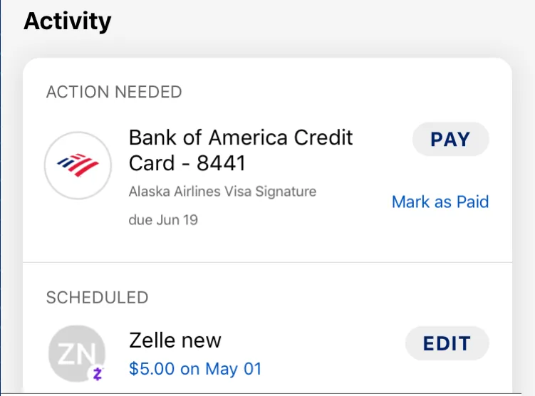 Activity list with payment due and scheduled Zelle