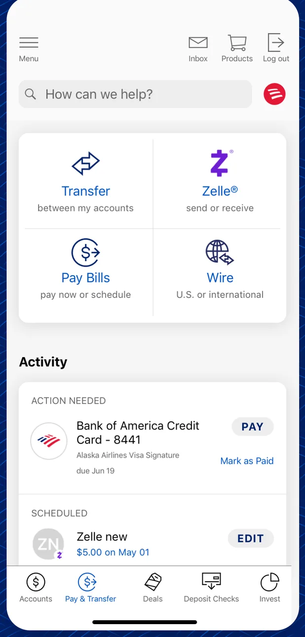 Bank of America pay and transfer menu with activity