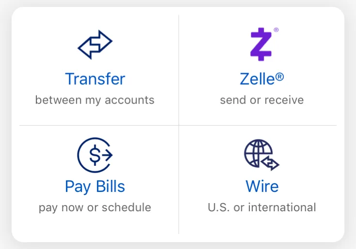 Transfer, Zelle, Pay Bills and Wire tiles