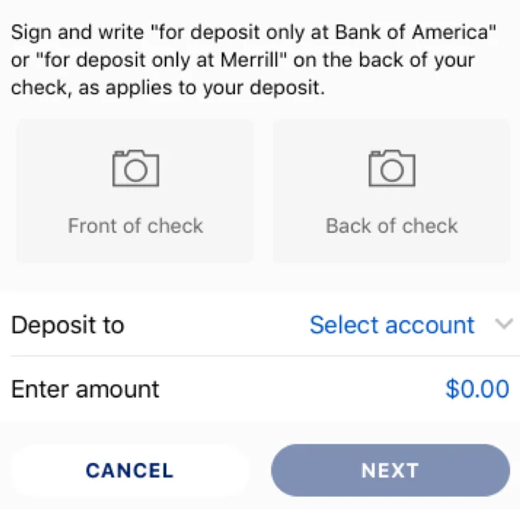Check deposit photo boxes and amount fields