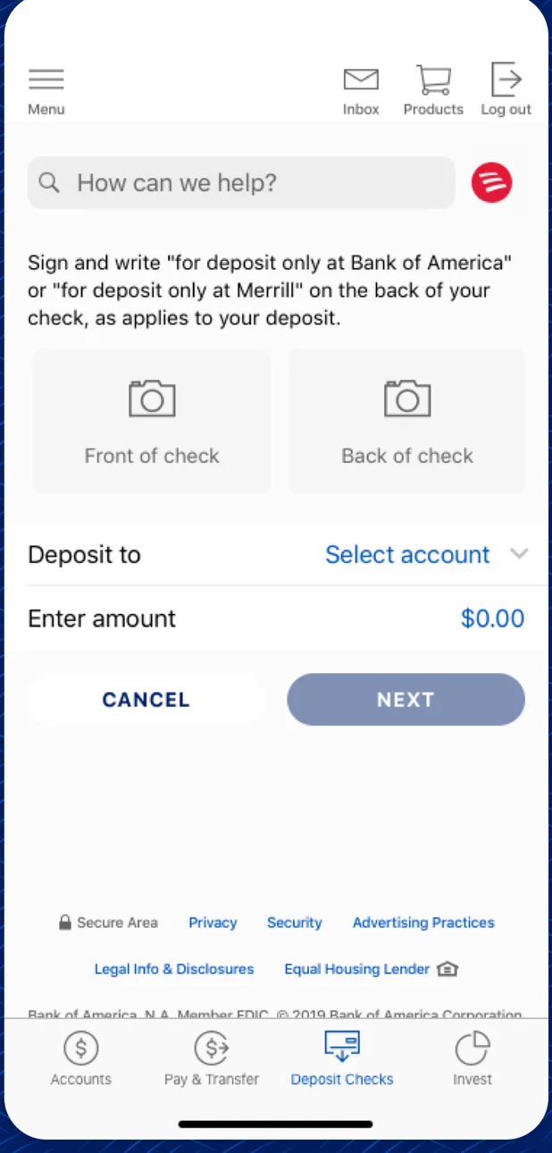 Bank of America mobile check deposit form