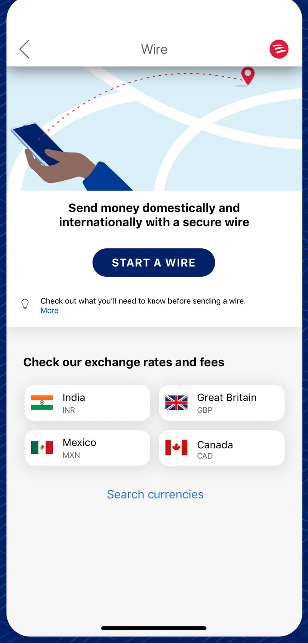 Bank of America wire transfer start screen