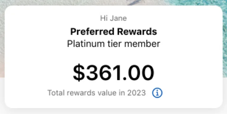 Rewards card showing $361.00