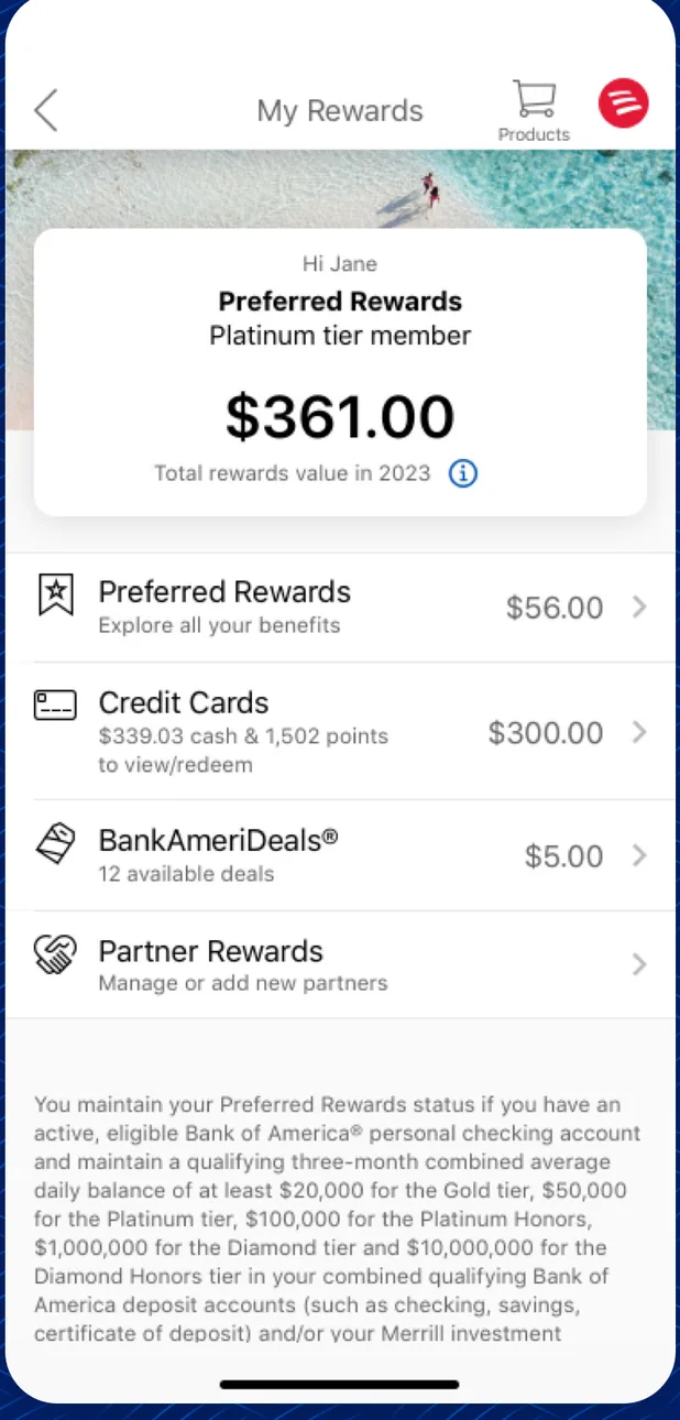 Bank of America My Rewards summary screen