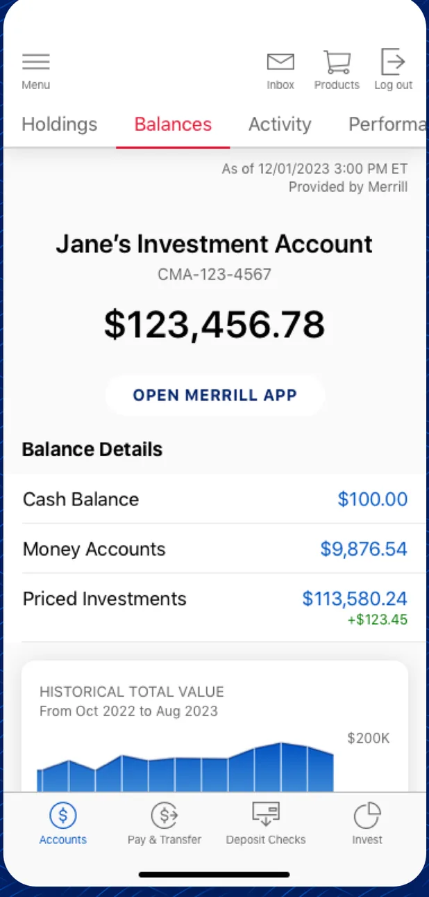 Merrill investment account balance screen