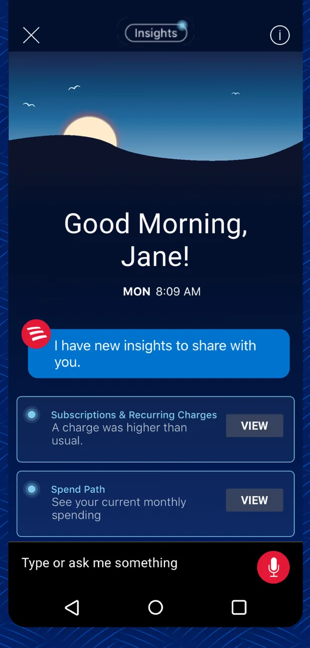 Erica assistant screen on Android