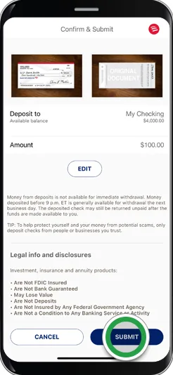 Bank of America confirm and submit deposit screen