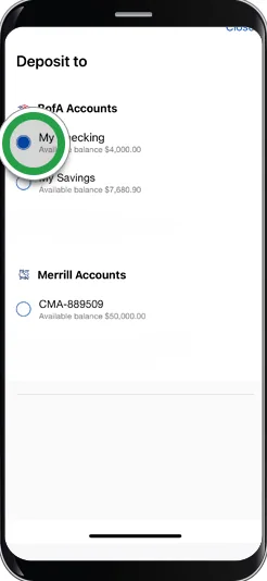 Bank of America deposit account picker