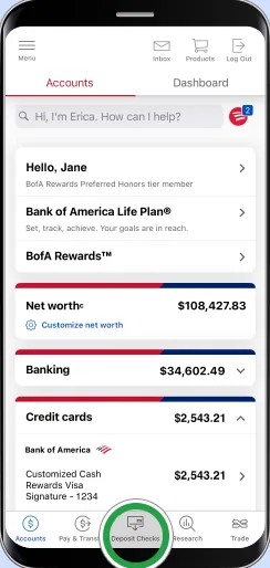 Bank of America accounts screen with Deposit Checks tab highlighted